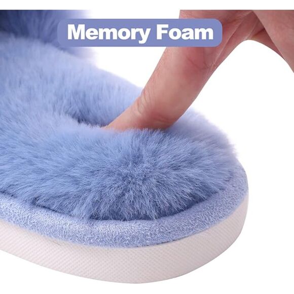 Women's Fuzzy Slippers Cross Band Blue Memory Foam House Slippers Open Toe - Picture 5 of 6